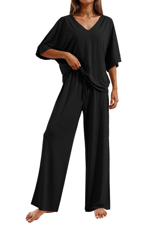 Ekouaer Lounge Sets for Women Short Sleeve Tops and Long Pants Soft Comfy Pajama Sets 2 Piece Outfits Tracksuit,Black,M - Image 1